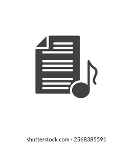 Document file and music note vector icon. filled flat sign for mobile concept and web design. Write Lyrics glyph icon. Symbol, logo illustration. Vector graphics