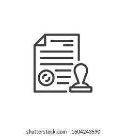 Document File With An Official Stamp Line Icon. Linear Style Sign For Mobile Concept And Web Design. Agreement Contract Approval Outline Vector Icon. Symbol, Logo Illustration. Vector Graphics