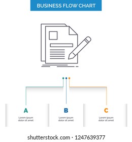 document, file, page, pen, Resume Business Flow Chart Design with 3 Steps. Line Icon For Presentation Background Template Place for text