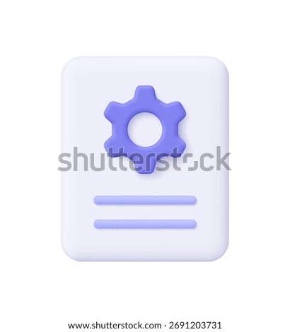 Document file with purple gear. Settings, configuration, technical documentation, system preferences, software management and process optimization concept. 3d vector icon. Cartoon minimal style.