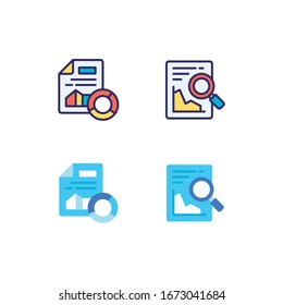 Document and file search icon in various design. Colourful vector illustration with magnifier loupe. Premium Vector