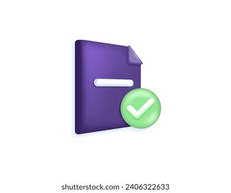 The document file is secure. valid and verified documents. paper symbols and check marks. symbol or icon. purple and green. Minimalist 3D illustration concept design. graphic elements. Vector. white 