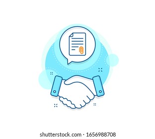 Símbolo del archivo de documento. Icono de complejo de trato de apretón de manos. Icono de línea de conexión CV. El acuerdo da la mano en la pancarta. Signo de datos adjuntos. Vector