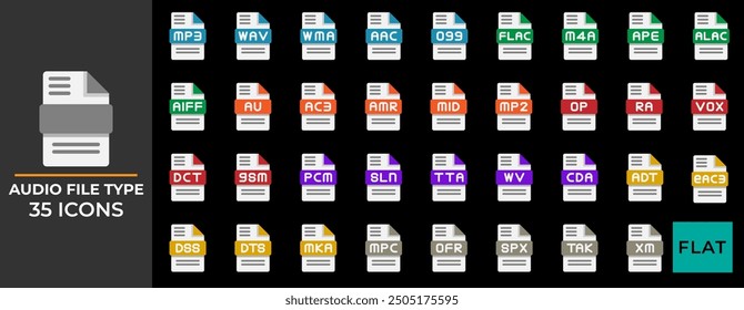 Dokumentdateityp Audio-Flachsymbol-Set. Erweiterung, Format, Archiv, Ordner-Dateien. kann für Website, ui, mobile App, Software verwendet werden.