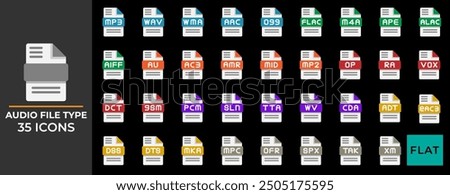 Document file type audio flat icon set. extension, format, archive, folder files. can be used for website, ui, mobile app, software.