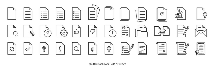 Iconos de línea relacionados con el tipo de archivo y el documento. Juego de iconos de formato vectorial de Docs. Vector 10 eps.