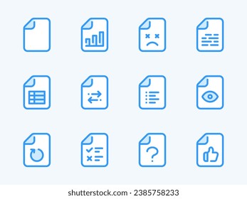 Document and File type vector line icons. Data and File Configurations outline icon set. Spreadsheet, List, Test, Report, Planner and more.