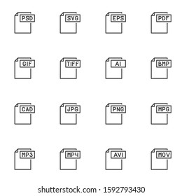 Document file types line icons set. File format linear style symbols collection, outline signs pack. vector graphics. Set includes icons as psd, svg, eps, pdf, gif, tiff, ai, bmp, cad, jpg, png, mpg