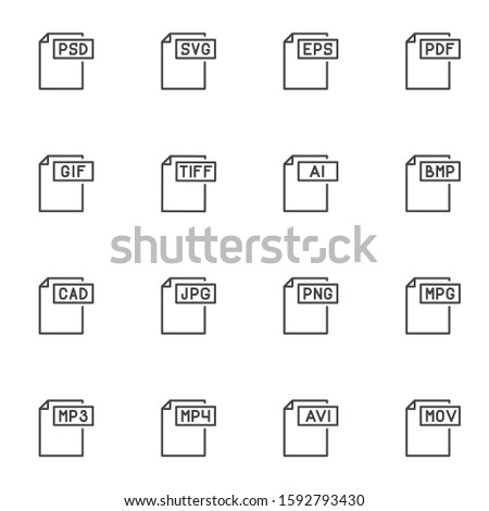 Document file types line icons set. File format linear style symbols collection, outline signs pack. vector graphics. Set includes icons as psd, svg, eps, pdf, gif, tiff, ai, bmp, cad, jpg, png, mpg
