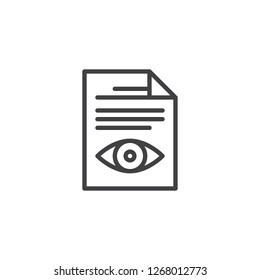 Document file view outline icon. linear style sign for mobile concept and web design. Paper document with eye simple line vector icon. Symbol, logo illustration. Pixel perfect vector graphics