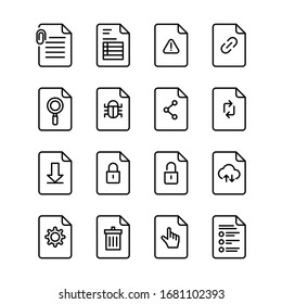 Document files, attachment, table, damaged file, link, search, bug, spam file, share, refresh, download, lock, unlock, cloud, adjustment and setting, trash, hand click
and check list icons.