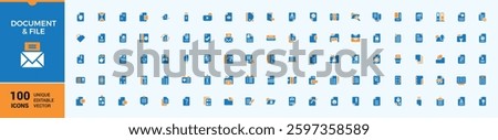 Document And Files colorful icons set. Contains related to form, text, list, business, report and more. Collection for mobile and web apps. Document icon pack. Editable stroke icon collections.