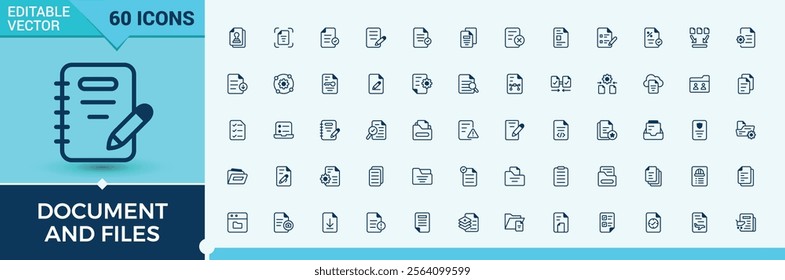 Document And Files icon pack. Contains such icons as document, form, report, letter, page and more. Thin UI icon design. Editable stroke. Vector illustration.