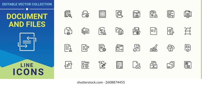 Document And Files icon pack. Featuring list, paper, document, report and more. Web icons pack. Document icon set. Vector illustration in modern line style.