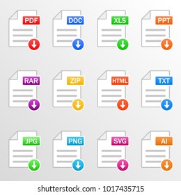 Document files. Icon set. Download file formats - pdf, doc, xls, ppt, rar, zip, html, txt, jpg, png, svg, ai. Vector illustration