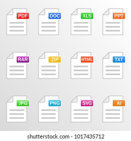 Document files. Icon set. File formats - pdf, doc, xls, ppt, rar, zip, html, txt, jpg, png, svg, ai. Vector illustration