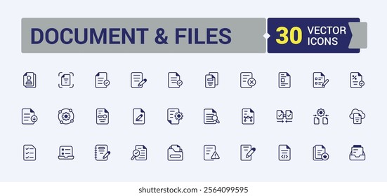 Document And Files icons set in linear style. Featuring art, contract, page, business, mail, note, research and more. Minimal linear icons. Solid line editable stroke. Vector line and solid icons.