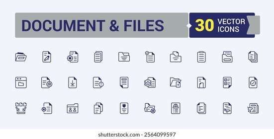 Document And Files icons set in linear style. Featuring art, contract, page, business, mail, note, research and more. Minimal linear icons. Solid line editable stroke. Vector line and solid icons.