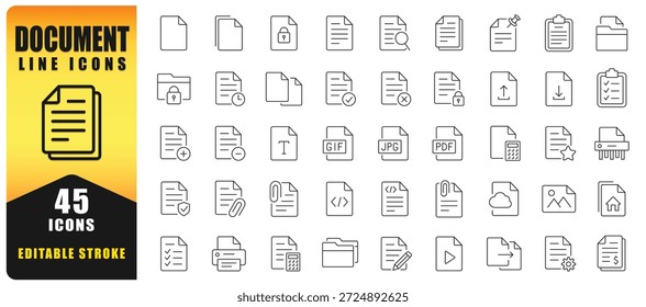 Document And Files Line Icon Set With Editable Stroke. Perfect For Web, App, UI And UX Design, File Management Systems, Cloud Services, Office Software And Digital Interfaces. Isolated Vector Icons.
