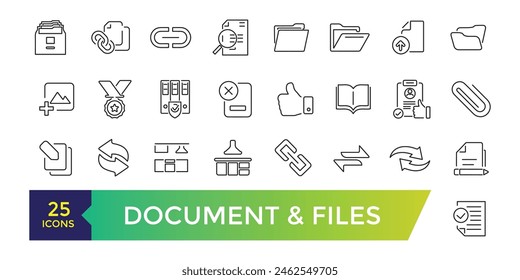 Dokument- und Dateizeilensymbole Büro-, Bildungs- oder Vorlesungsbuch, Charts und Idee. UI-Symbol Kollektion und Vektorillustration.