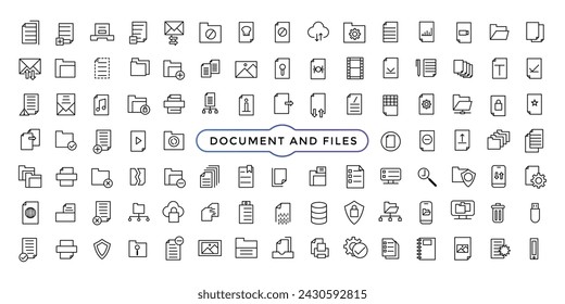 Iconos de línea de documentos y archivos. Para el paquete de iconos de estilo de arte de línea simple de marketing web. Conjunto de iconos web de línea fina.