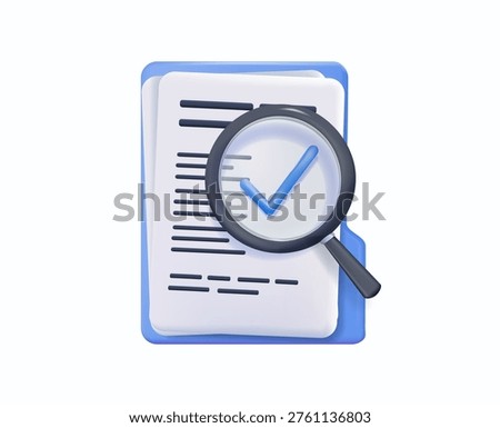 Document files with a magnifying glass 3D vector illustration. Concept for data research, file analysis, business audit, information search, and document review. Modern minimalist design