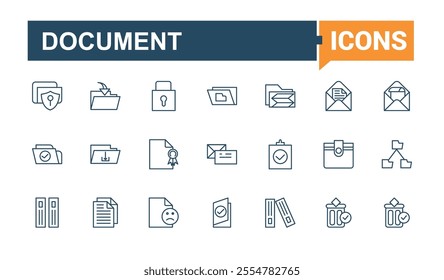 Document And Files vector line icon set. Contains such icons as research, folder, tech, attach, page, document, format. Outline symbol collection. Vector outline icons collection.