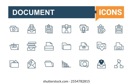 Document And Files vector line icon set. Contains such icons as research, folder, tech, attach, page, document, format. Outline symbol collection. Vector outline icons collection.