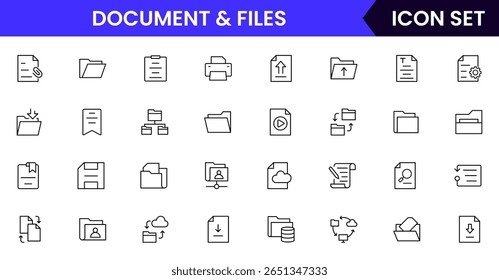 Document files vector web line icon collection, sleek illustrations of files, folders, archives, digital tools for organized, efficient designs.