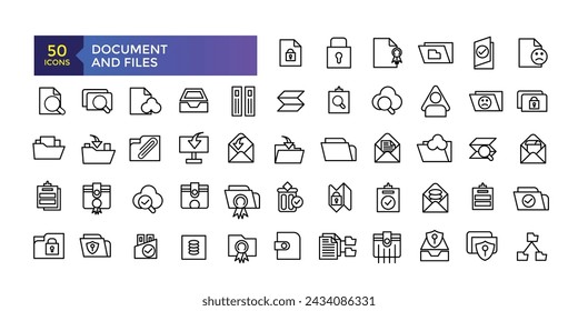 Document and Files web icons in line style. Employe, conference, project, document, contact us, productivity strategy, collection. Vector illustration.