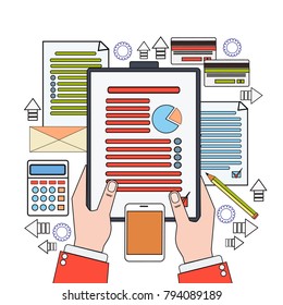 Document Finance Chart Business Man Hand Hold Folder With Report Data, Businessman Office Desk Workplace Thin Line Vector Illustration