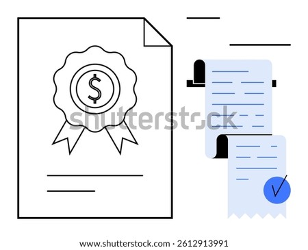 A document with a financial seal and two receipts with a blue checkmark. Ideal for business, finance, accounting, official paperwork, and bookkeeping themes. Clean, modern design
