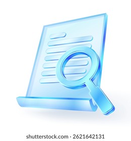Document find search icon with magnifying glass, transparent glass material, concept related to research, analysis, investigation or document search, isolated on white background. 3D vector.