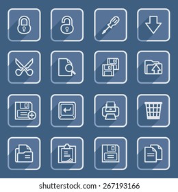 Document flat contour icons with blue buttons.