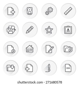 Document flat contour icons on gray buttons.