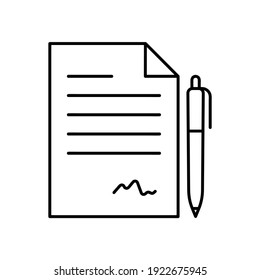 Document flat icon pen and signature symbol. Pictogram for web. Line stroke. Isolated on white background. Vector eps10