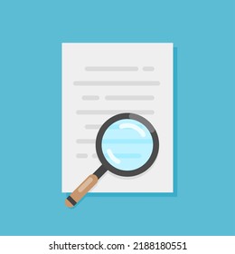 document flat icon vector illustration and magnifying glass on blue background
