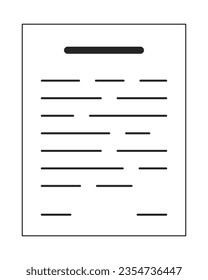 Document flat monochrome isolated vector object. Paper with text. Editable black and white line art drawing. Simple outline spot illustration for web graphic design