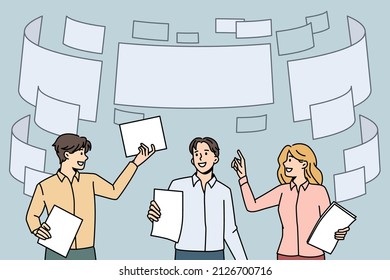 Document Flow In Business Concept. Group Of Young Business Partners Teammates Standing With Papers And Flying Documents Above Vector Illustration 