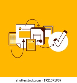 Document flow concept icons, thin line, flat design. Design of business workflow organization, marketing planning flow chart, office management process, supplies for work