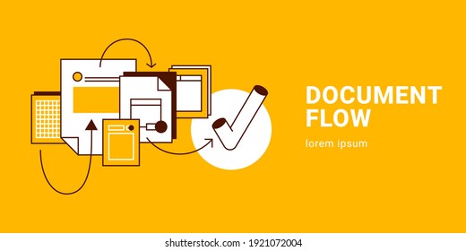 Document flow concept icons, thin line, flat design. Design of business workflow organization, marketing planning flow chart, office management process, supplies for work