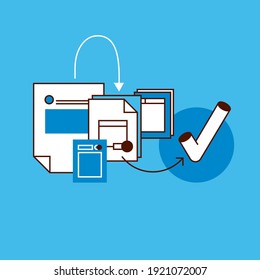 Document flow concept icons, thin line, flat design. Design of business workflow organization, marketing planning flow chart, office management process, supplies for work