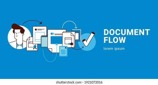 Document flow concept icons, thin line, flat design. Design of business workflow organization, marketing planning flow chart, office management process, supplies for work