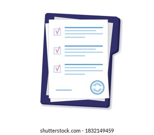 Document. Folder with contract documents. Agreement papers with stamp and text.