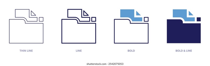 Icono de carpeta de documento en 4 estilos diferentes. Línea delgada, línea, negrita y línea negrita. Estilo duotono. Trazo editable.
