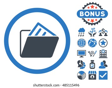 Document Folder icon with bonus pictures. Vector illustration style is flat iconic bicolor symbols, smooth blue colors, white background.