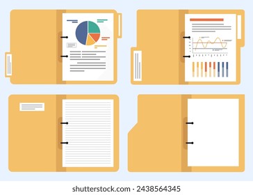 Icono de abrir carpeta de documento, Carpeta con documentos, Abrir carpeta con documento dentro, Ilustración vectorial plana.