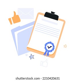 Document. A folder with papers. Approved terms of the contract. Seal and stamp. Template With Text And Signature. Flat vector illustration.