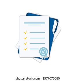 Document. Folder with papers. Contract papers. Contract conditions, research or approval validation document. Folder with stamp and text silhouettes.  