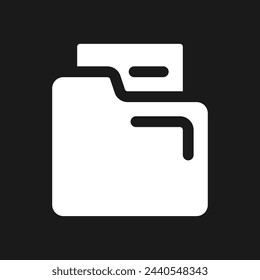 Document in folder pixel dark mode glyph ui icon. Business tool. User interface design. White silhouette symbol on black space. Solid pictogram for web, mobile. Vector isolated illustration